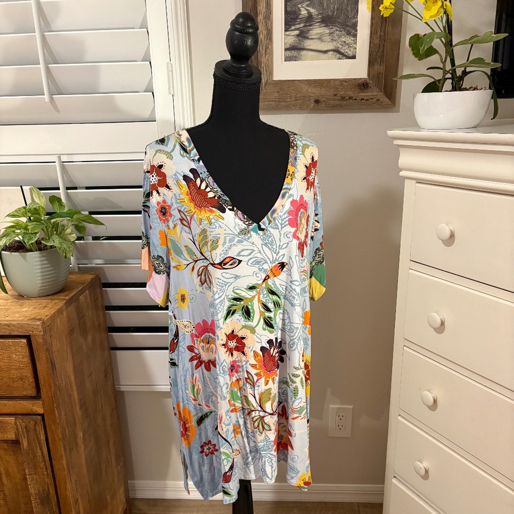 Johnny Was RAINBOW FLORAL DRAPE TUNIC 2X